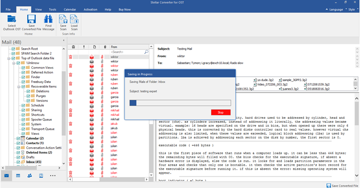 Now progress bar display the current status of file saving process. If you want to abort the process, click stop