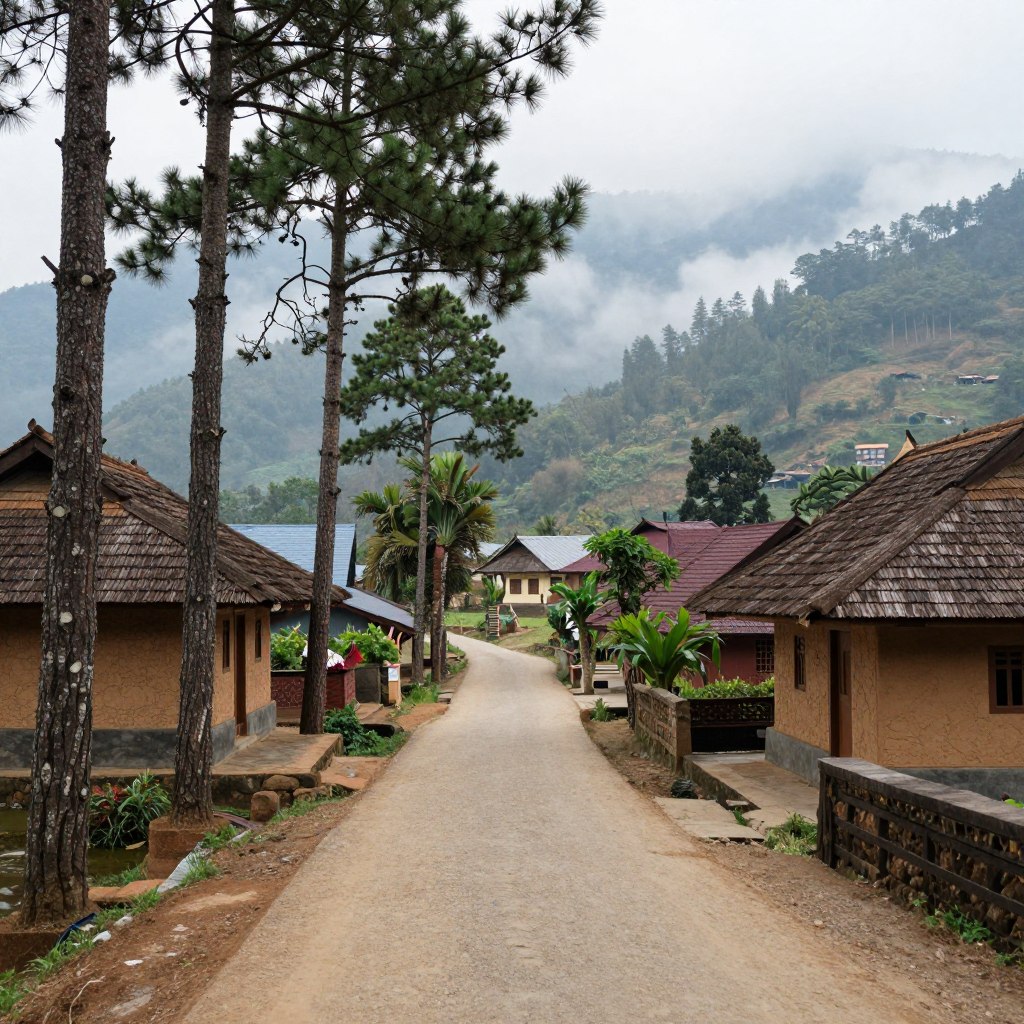 Quiet Rishop village lane among mountain trees Quiet Rishop village lane among mountain trees